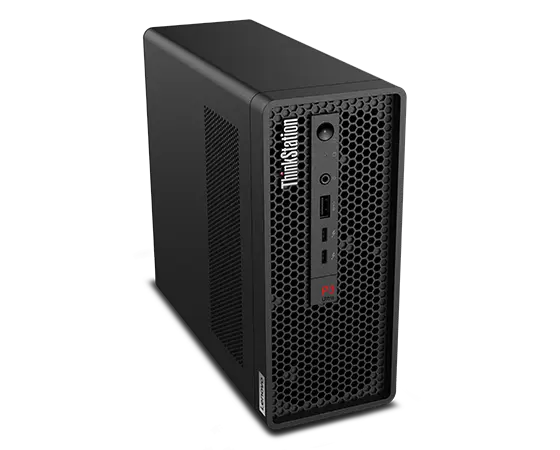 Aerial view of Lenovo ThinkStation P3 Ultra Workstation, at slight angle, showing front ports, top panel, & left-side panel