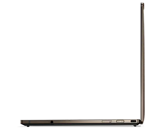 Lenovo ThinkPad Z13 Gen 2 Notebook mit bronzefarbenem Aluminiumgehäuse, Profilansicht von rechts, um 90 Grad aufgeklappt.
