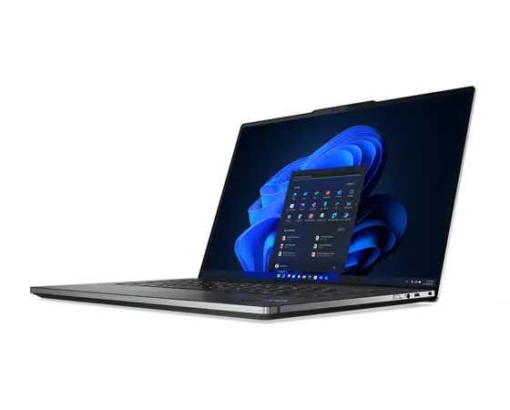 Lenovo ThinkPad Z16 Gen 2 laptop open 90 degrees, with Windows 11 Pro Start menu on the display, & angled to show right side ports.