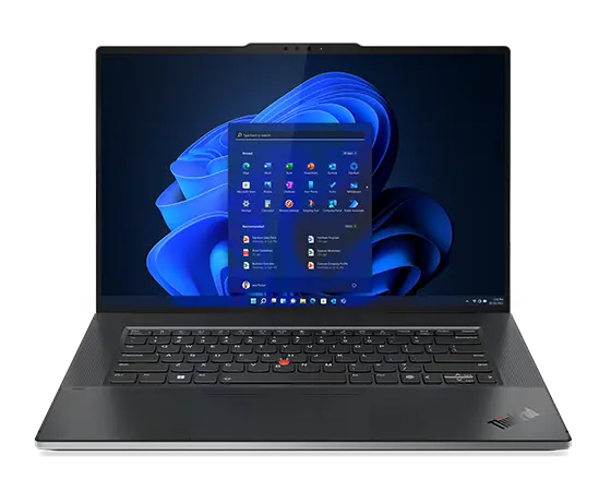 Front facing Lenovo ThinkPad Z16 Gen 2 laptop display with Windows 11 Pro Start menu & keyboard.