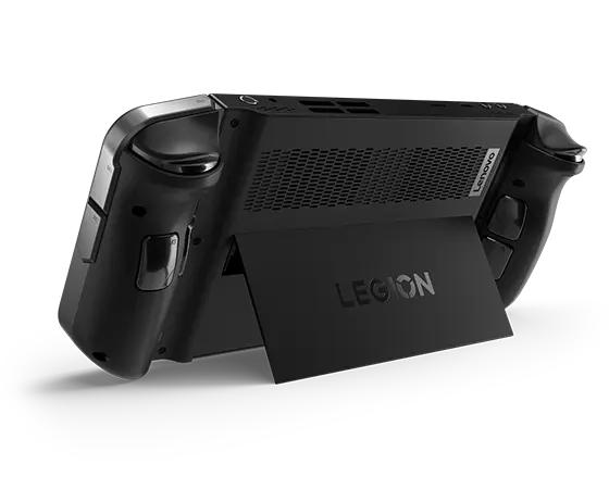Rear-facing view of Legion Go handheld with kickstand out