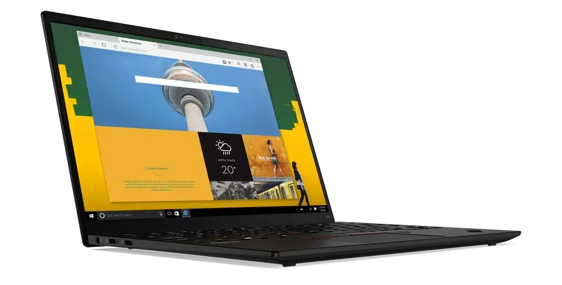 Vista de la laptop ThinkPad X1 Nano de 13” abierta a 90° desde un ángulo izquierdo y en uso
