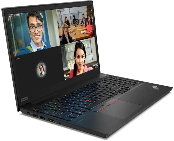 A ThinkPad E15 opened and on a flat surface, showing a video conference in action