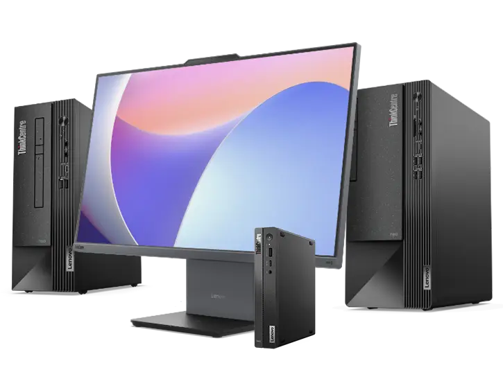 Prodotti della serie Lenovo ThinkCentre Neo per tipo, da sinistra a destra: Neo Small, Neo all-in-one, PC Neo Tiny e desktop Neo Tower.
