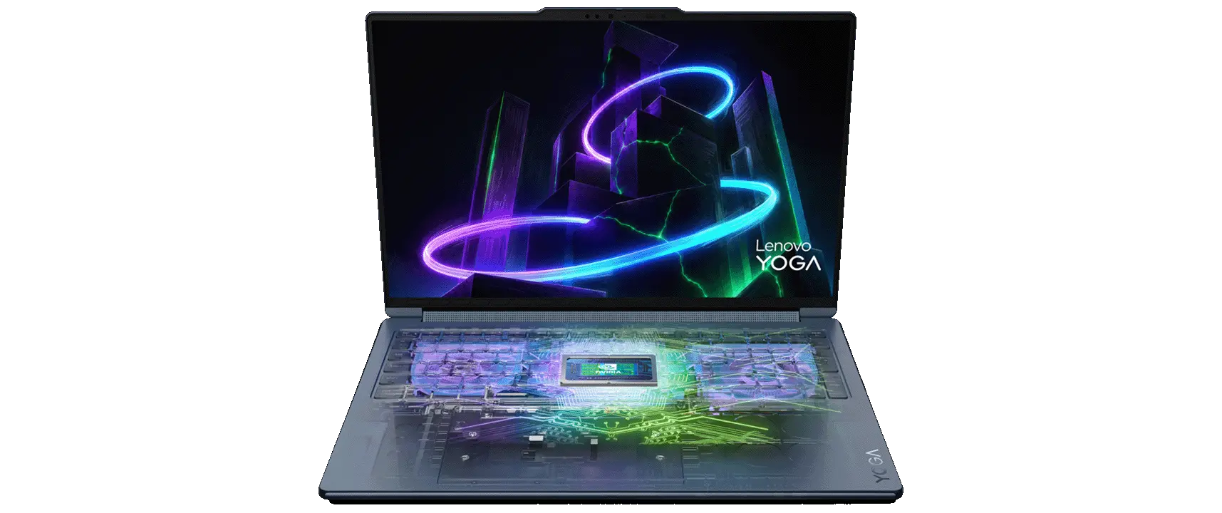 A front view of a Lenovo Yoga laptop with the lid open, showing green, blue, and purple graphics on the display and a NVIDIA RTX Spark™ Superchip appearing to rise out of the keyboard amid similar-colored graphics.