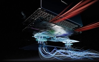 A cut-through view of the bottom of a Lenovo Yoga laptop, with an outline of the keyboard above and a representation of the cooling fans below, with red and blue graphics showing the heatflow.