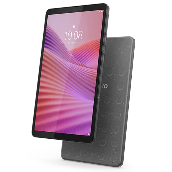 Two Lenovo Tab One tablets – front-right view with lock screen on the display, in front of rear-left view, both Luna Grey and vertically oriented.