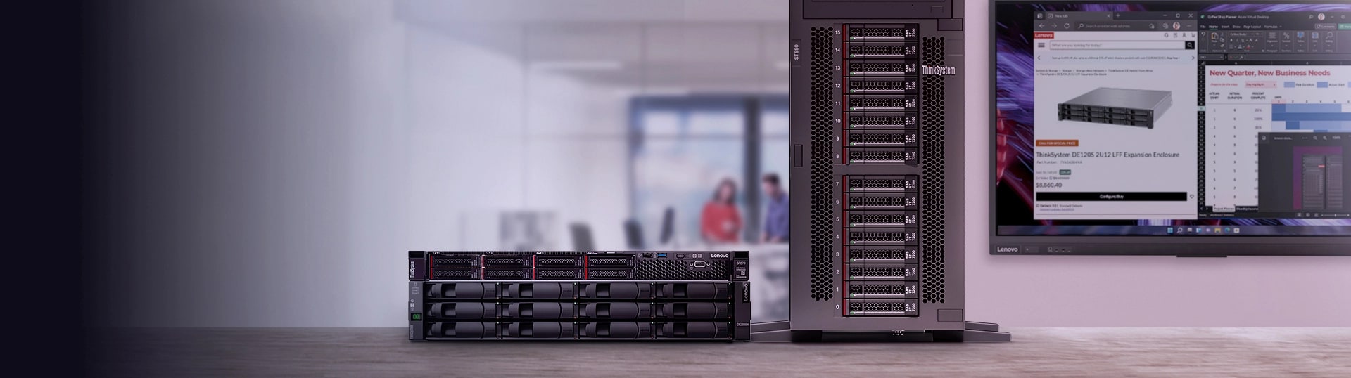  A Lenovo ThinkSystem Tower server, ThinkSystem Rack server and a Storage on a desk.