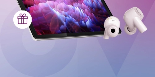 Tablet and earbuds on a festive purple background Tablet and earbuds on a festive purple background