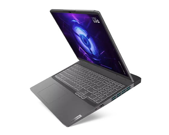 Lenovo LOQ 16IRH8 gaming laptop—right view, lid open, angled to show keyboard and angled upward from front edge