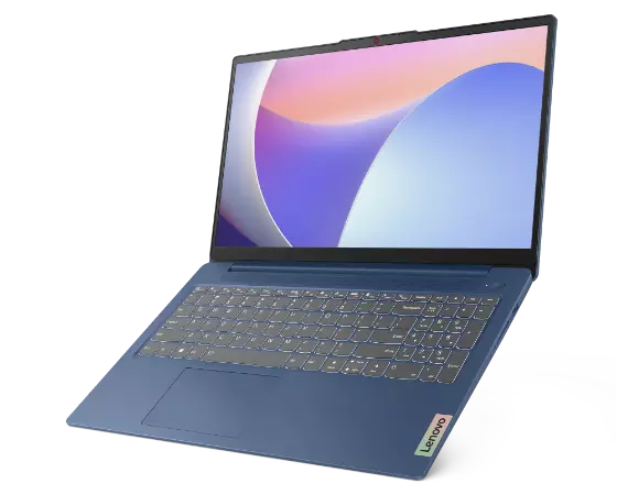 Lenovo IdeaPad Slim 3i laptop in Abyss Blue, open almost 180 degrees, showing 15 inch display & keyboard.