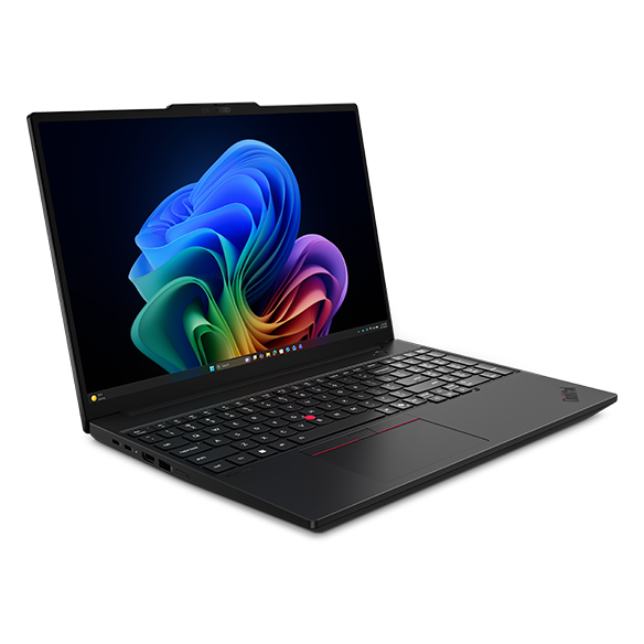 Left angle view, showing display and keyboard of the Lenovo ThinkPad T16 Gen 5 (16” Intel) laptop.