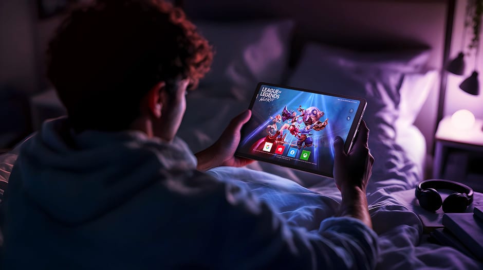 Teen boy gaming on Lenovo Legion Tab in a dark bedroom, with vibrant colors and fast-paced action on screen.