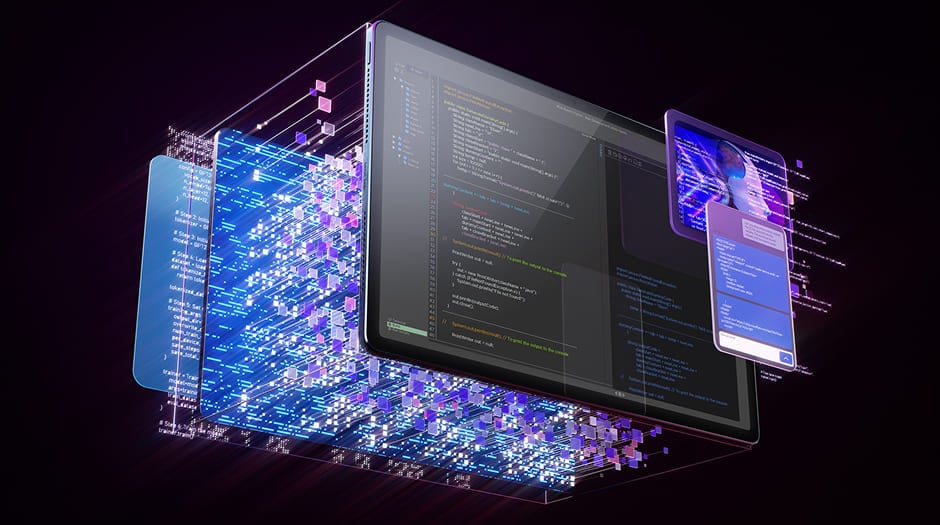 Lenovo tablet displaying layered interfaces with coding software, media tools, and productivity apps, highlighting versatile software support.