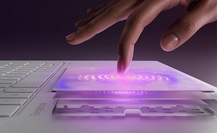 Close-up of a Lenovo Googlebook 15 laptop keyboard, with a fingerprint icon superimposed over the fingerprint reader.