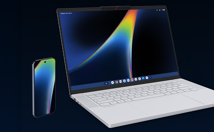 An Android™ phone and a Lenovo Googlebook 15 laptop show Google's curved neon light gradient graphic on their displays.