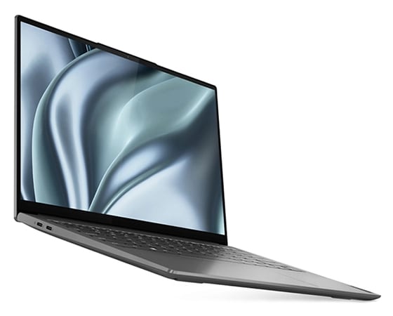 Vista laterale destra del notebook Lenovo Yoga Slim 7i Pro di settima generazione aperto a 180° gradi, con schermo e tastiera