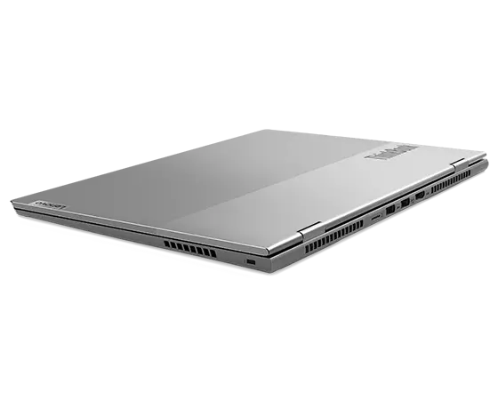 Rear facing left side view of ThinkBook 14p Gen 3 (14" AMD) laptop, closed, at a slight angle, showing top cover, hinges, and ports