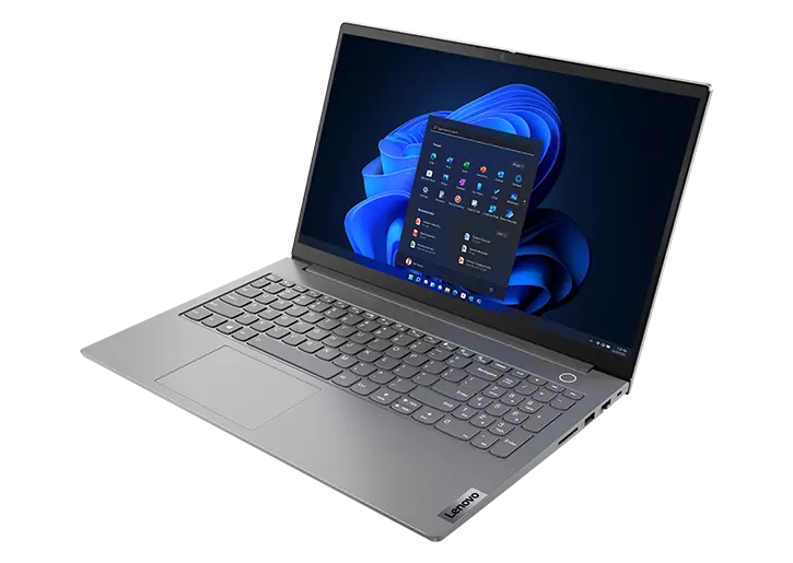 Vista anteriore destra di tre quarti del notebook Lenovo ThinkBook 15 di quarta generazione (15" amd) con coperchio aperto