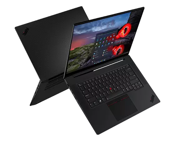 Two back-to-back floating Lenovo ThinkPad P1 Gen 4 (16'') mobile workstations open 90 degrees.