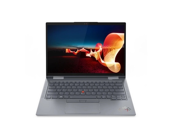 Lenovo ThinkPad X1 Yoga Gen 7 2-in-1-laptop, 90 graden geopend met zicht op toetsenbord, scherm en poorten aan de linkerzijkant.