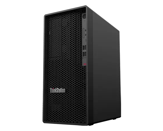 Side-facing Lenovo ThinkStation P358 tower workstation, showing ThinkStation logo and right-side panel