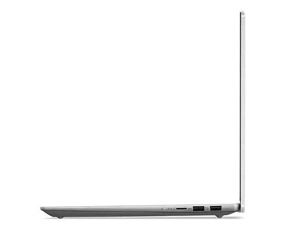 Left-side profile of IdeaPad Slim 5i Gen 8 laptop, opened at 90 degrees, showing edges of keyboard & top cover, & left-side ports