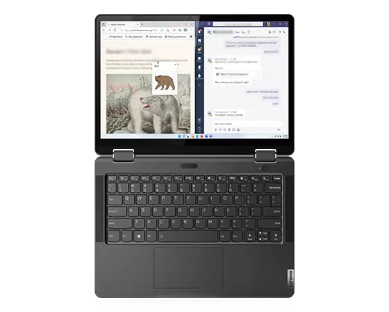 Lenovo 13w Yoga Gen 2 (13” AMD) 2-in-1 laptop—view from above in laptop mode, with lid open 180 degrees, showing a Teams conference with a presenter sharing a screen with info about polar bears