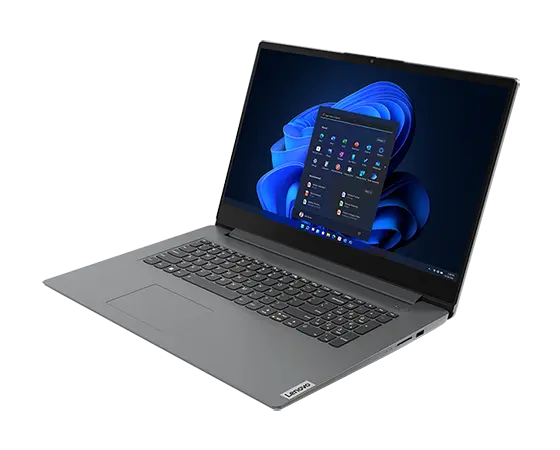 Right-side facing Lenovo V17 Gen 4 laptop, showing keyboard, display (with Windows 11 start-up menu), & ports