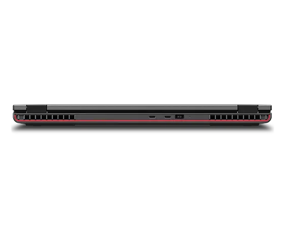Close up of rear-facing Lenovo ThinkPad P16v (16” Intel) mobile workstation, closed, showing edges of top & rear covers, hinges, & rear ports