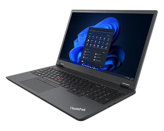 Lenovo ThinkPad P16v (16” Intel) mobile workstation, opened at an angle,  showing keyboard, display with Windows 11 start-up screen, & right-side ports