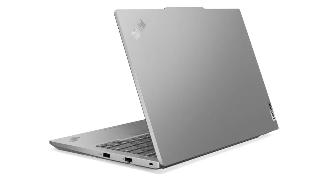 Arctic Grey ThinkPad E14 Gen 5 (14, Intel) laptop – rear-right view, lid partially open