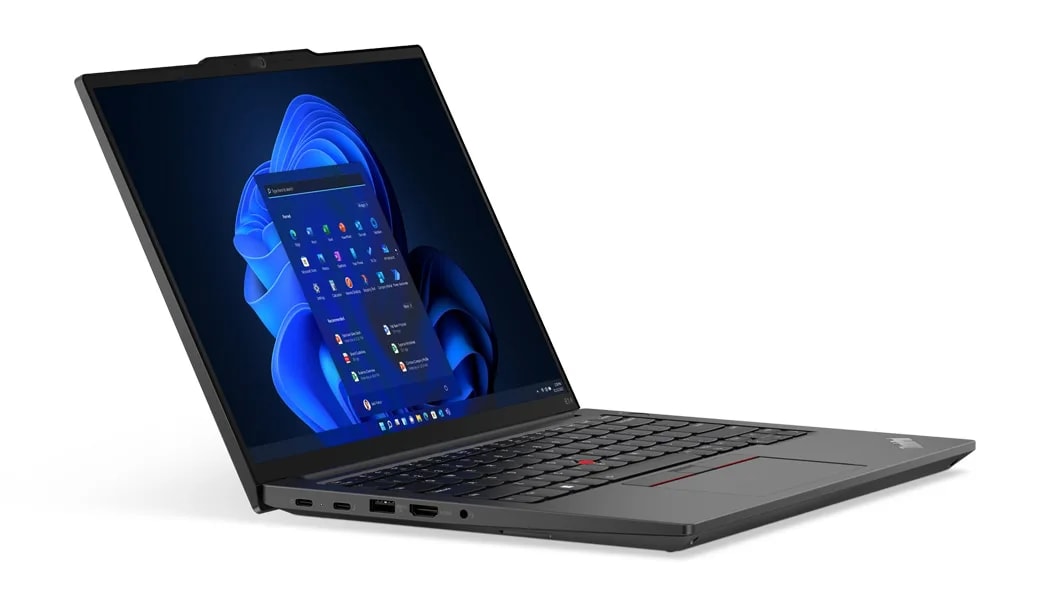 ThinkPad E14 Gen 5 (14, Intel) laptop – front view from left, lid open, with Windows 11 startup menu on the display