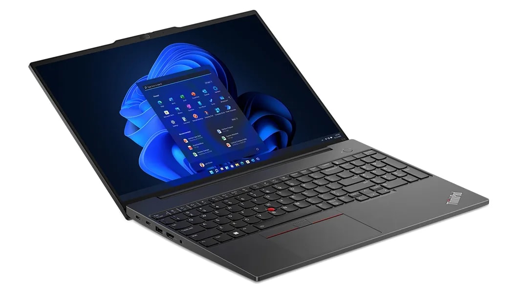 Lenovo ThinkPad E16 (16, Intel) laptop – front view from the left, lid open wide, with Windows menu on the display