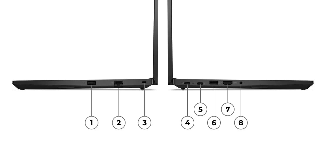 Two ThinkPad E14 Gen 5 (14, Intel) laptops – right and left side views, back to back, lids open, with ports and slots numbered for identification