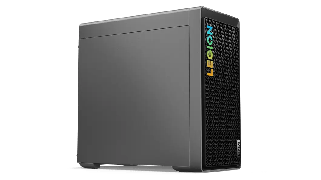 Low-angle, front-left corner view of the Legion Tower 5i Gen 8 (Intel), showing the standard left panel, front mesh venting and brightly lit Legion logo.