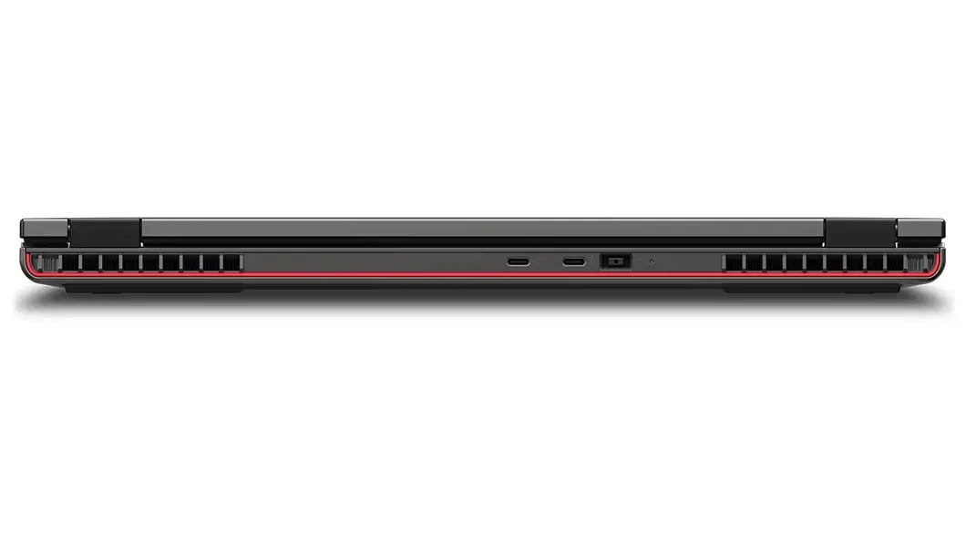 Close up of rear-facing Lenovo ThinkPad P16v (16, Intel) mobile workstation, closed, showing edges of top & rear covers, hinges, & rear ports