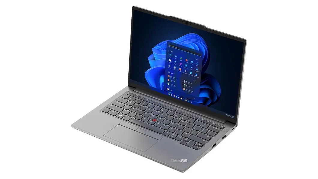 Lenovo ThinkPad E14 Gen 5 (14, AMD) laptop in Arctic Grey – front-right view from above, lid open, with Windows 11 menu on the display