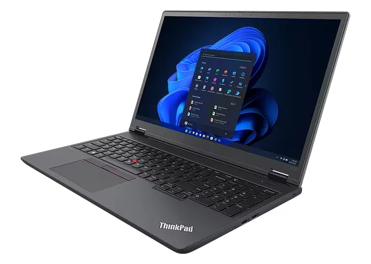 Lenovo ThinkPad P16v (16, Intel) mobile workstation, opened at an angle,  showing keyboard, display with Windows 11 start-up screen, & right-side ports