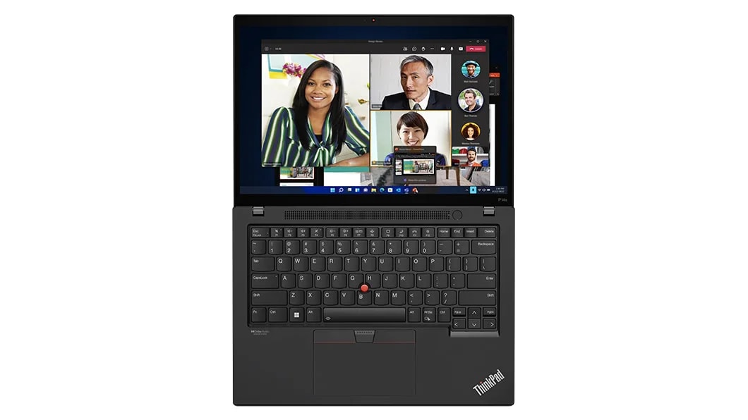 ThinkPad P14s Gen 4 (14, Intel) portable workstation – laying flat, lid open all the way, with videoconference on the display