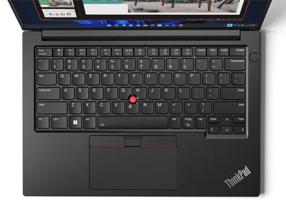 Aerial view of keyboard on open ThinkPad E14 Gen 5 (14, intel) laptop