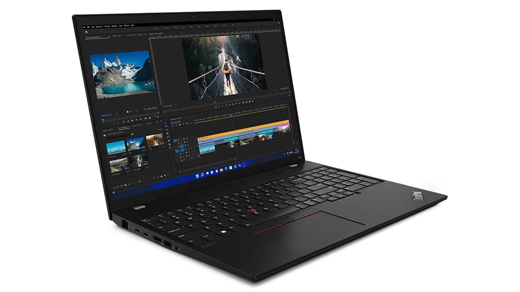 Side--facing Lenovo ThinkPad P16s Gen 2 (16, Intel) laptop, opened, showing display with photos on screen, plus keyboard & left side ports