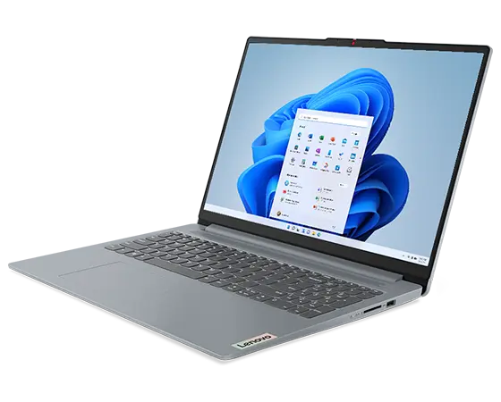 Lenovo IdeaPad Slim 3i Gen 8 laptop open 90 degrees, angled to show left-side ports.