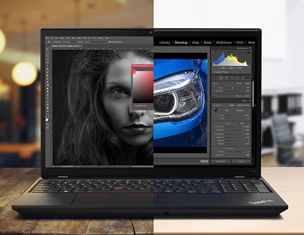 Split image of two Lenovo ThinkPad P16s Gen 2 (16″ AMD) laptops, with one display showing close up of a face, the other display showing close up of car headlight