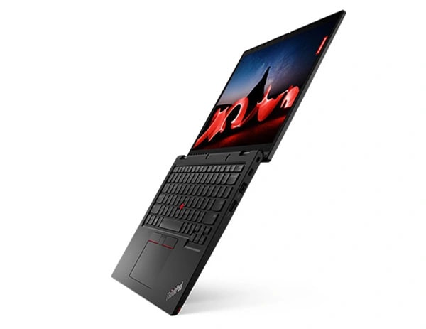 Floating Lenovo ThinkPad L13 Yoga Gen 4 2-in-1 laptop open 180 degrees, showing right-side ports, keyboard, & display.