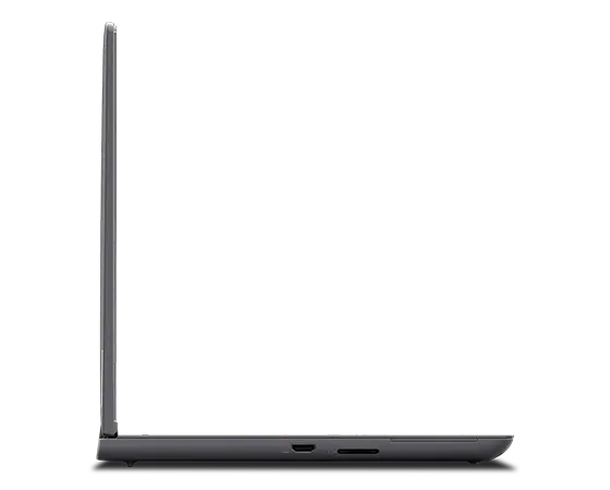 Perfil do lado esquerdo da workstation móvel Lenovo ThinkPad P16v de 16" (40,64 cm, AMD), aberta a 90 graus, a mostrar as margens do ecrã e do teclado, e as portas do lado esquerdo