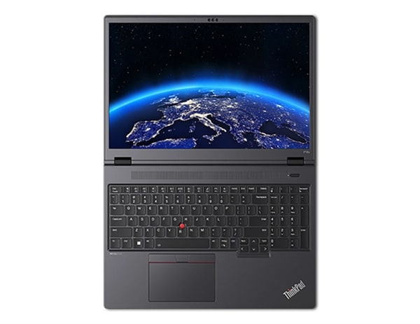 Aerial view of Lenovo ThinkPad P16v (16” AMD) mobile workstation, opened 180 degrees flat, showing keyboard & display, showing an image of Earth from space