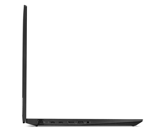 Lenovo ThinkPad T16 Gen 2 Notebook in Thunder Black, linkes Seitenprofil, um 90 Grad geöffnet.