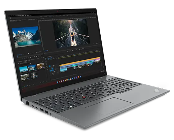 Lenovo ThinkPad T16 Gen 2 Notebook in Storm Grey, um 90 Grad geöffnet, schräg mit Blick auf die Anschlüsse auf der linken Seite, die Tastatur und das Display.
