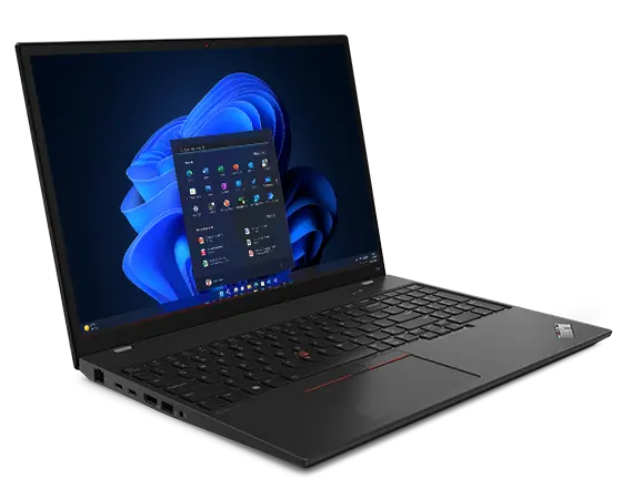 Lenovo ThinkPad T16 Gen 2 (14" AMD) Notebook, um 90 Grad geöffnet, schräg mit Blick auf die Anschlüsse auf der linken Seite, die Tastatur und das Display.